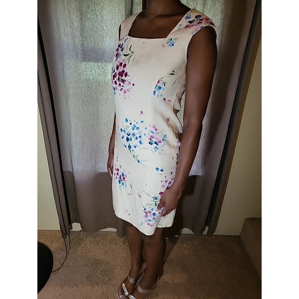 Vintage Kay Unger Dress Size 8 Linen Floral Motif Beaded Sleeveless Sheath - Picture 7 of 9